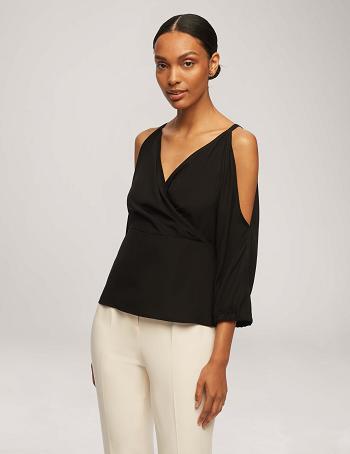 Black Anne Klein Cold Shoulder Crossover Peplum Blouse Tops | ZNZMJ98306