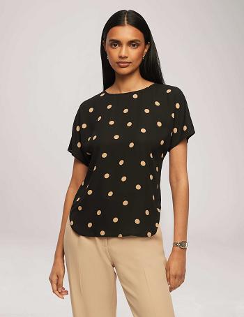 Black Anne Klein Large Dot Bateau Neck Short Sleeve Blouse Tops | YNZVQ22156