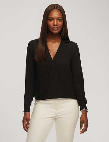 Black Anne Klein Long Sleeve Crossover Blouse With Collar Tops | NZDFL47727