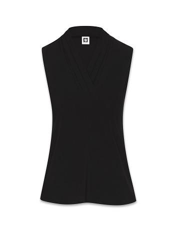 Black Anne Klein Petite V-Neck Triple Pleat Top Tops | DNZVO40647