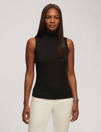 Black Anne Klein Rib Knit Seamed Mock Neck Shell Tops | TNZWZ93672