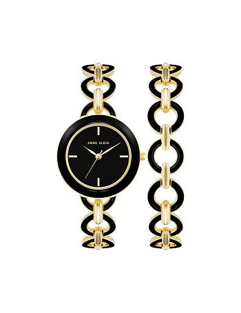 Black / Gold Anne Klein Boyfriend Circular Link Bracelet Watch Sets | NZQCS86082