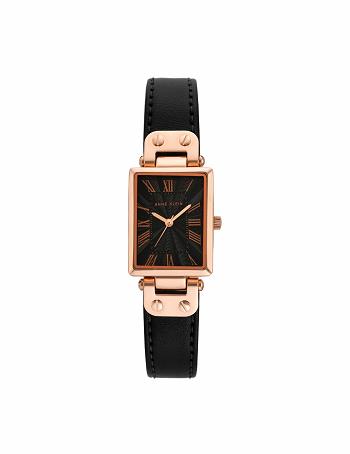 Black / Rose / Gold Anne Klein Case Leather Strap Watch Rectangular | NZCVG34869