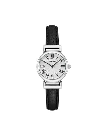 Black / Silver Anne Klein Classic Strap Watch Leather | NZJKU47822