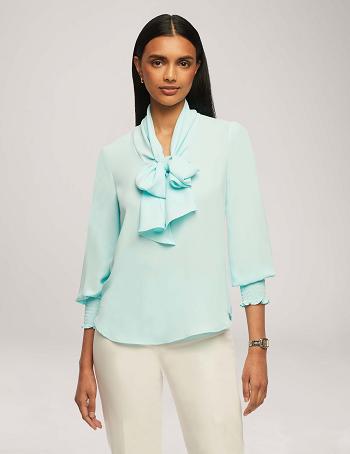 Blue Anne Klein Smocked Cuff Bow Blouse Tops | TNZPQ38594