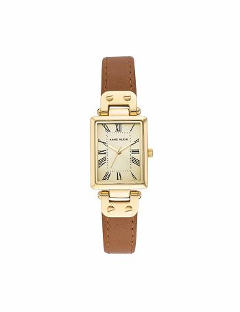 Brown / Gold Anne Klein Rectangular Case Leather Strap Watch Best Sellers | NZDFL58434