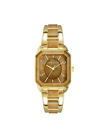 Brown / Gold Anne Klein Square Case Resin Link Bracelet Watch Metals | TNZWZ90502