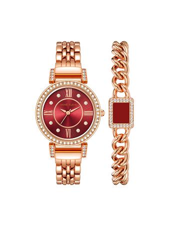 Burgundy / Rose / Gold Anne Klein Premium Crystal Watch and Bracelet Sets | LNZTR99839