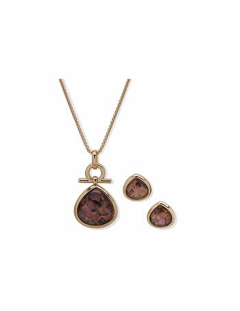 Gold Anne Klein Abalone Teardrop Earring & Necklace Set Jewelry Sets | NZNEJ82917