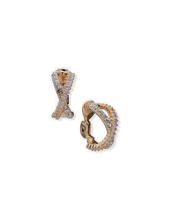 Gold Anne Klein Crystal Pave Baguette Hoop Clip Earrings | NZQCS11715