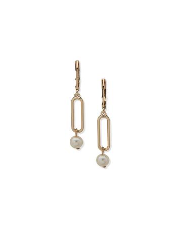 Gold Anne Klein Faux Pearl Link Drop Pierced Earrings | GNZEC98187