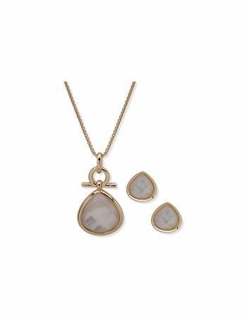 Gold Anne Klein Faux Pearl Teardrop Earring & Necklace Set Jewelry Sets | NZJVR58636