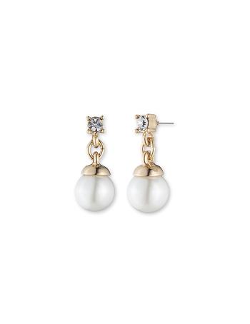 Gold Anne Klein Gold-Tone Blanc Faux Pearl With Crystal Accent Pierced Earrings | PNZER87441