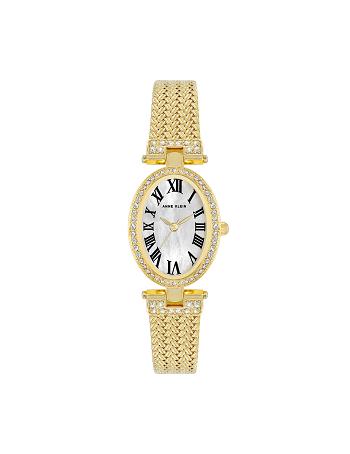 Gold Anne Klein Oval Crystal Accented Mesh Bracelet Watch Metals | NZNZX95221