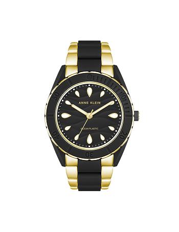 Gold / Black Anne Klein Considered Solar Recycled Bracelet Ocean Plastic Watches | NZJZR23245