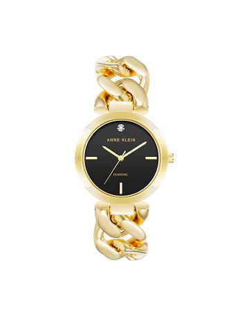 Gold / Black Anne Klein Diamond Accented Round Case Bracelet Watch Metals | NZJBT77164