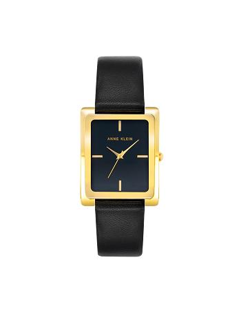 Gold / Black Anne Klein Rectangular Case Band Watch Leather | SNZNY60235