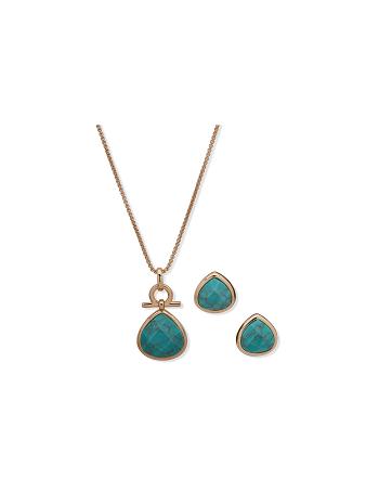 Gold / Blue Anne Klein Tear Drop Pendant Necklace and Earring Set in Pouch Jewelry Sets | DNZVO24216