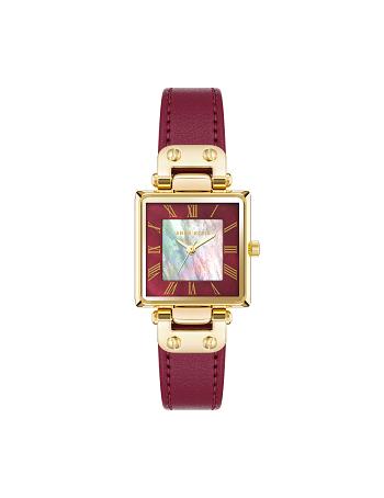 Gold / Burgundy Anne Klein Considered Solar Square Strap Watch Leather | NZZDE32248