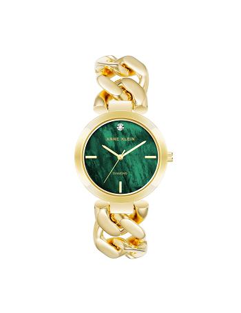 Gold / Green Anne Klein Accented Round Case Bracelet Watch Diamond | QNZUV61818