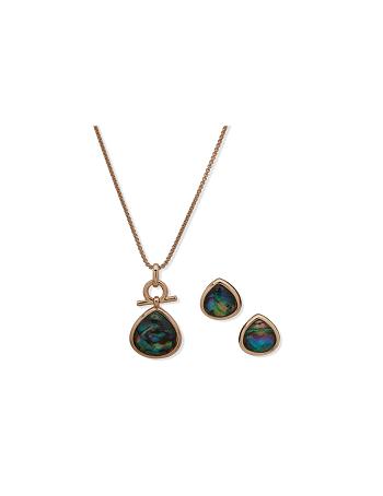 Gold / Green Anne Klein Tear Drop Pendant Necklace and Earring Set in Pouch Earrings | UNZND60722