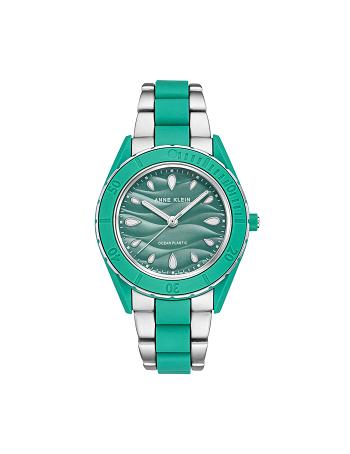 Green / Silver Anne Klein Considered Solar Recycled Bracelet Ocean Plastic Watches | SNZNY25332