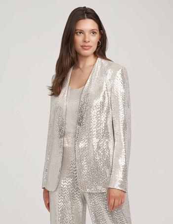 Metal / Silver Anne Klein Metallic Heatset Knit Cardigan Jacket Best Sellers | ANZWC92752