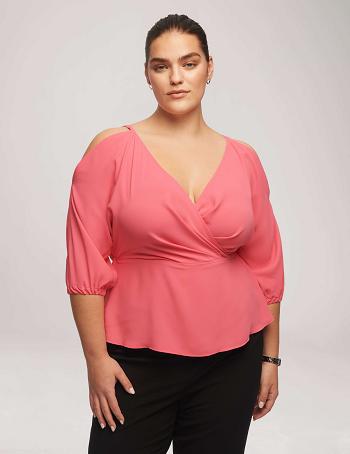 Pink Anne Klein Cold Shoulder Crossover Peplum Blouse Plus Size | TNZWZ88754