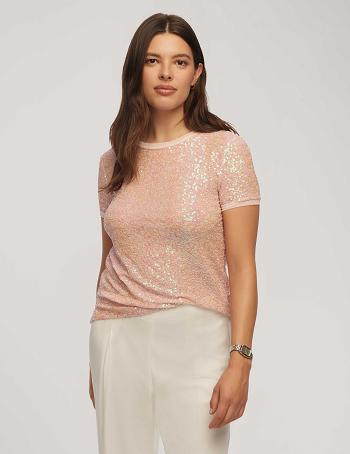 Pink / Multicolor Anne Klein Sequin Mesh W/ Triple Mesh Short Sleeve Banded Tee Tops | NZEGJ28537