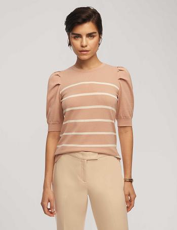 Pink / White Anne Klein Short Puff Sleeve Crew Neck With Stripes Tops | NZZPD94853