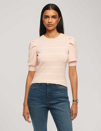 Pink / White Anne Klein Short Puff Sleeve Crew Neck With Stripes Tops | QNZUV95335