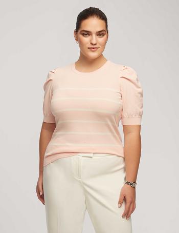 Pink / White Anne Klein Short Puff Sleeve Crew Neck With Stripes Plus Size | ZNZNQ43081