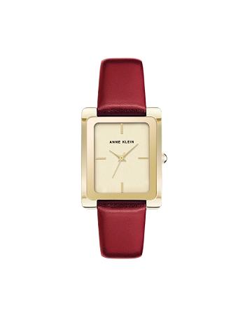 Red / Gold Anne Klein Leather Strap Watch Rectangular | GNZUC21837