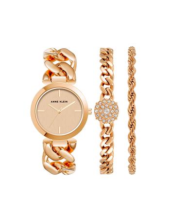 Rose / Gold Anne Klein Round Chain Watch and Bracelet Set Metals | XNZGW18622