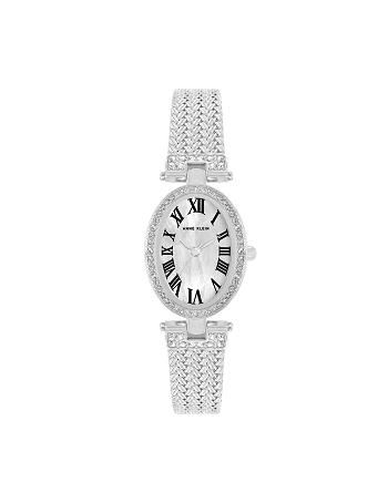 Silver Anne Klein Oval Crystal Accented Mesh Bracelet Watch Metals | NZEGJ49650