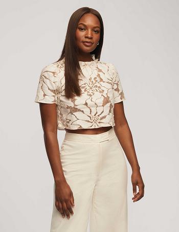 White Anne Klein Floral Embroidered Lace Cropped Blouse Tops | ZNZNQ29570