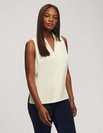 White Anne Klein Sleeveless Pleated Shoulder Blouse Tops | NZJZR90171