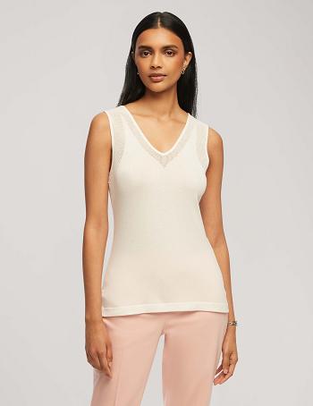 White Anne Klein V Neck Mesh Tank Top Tops | YNZGT13206