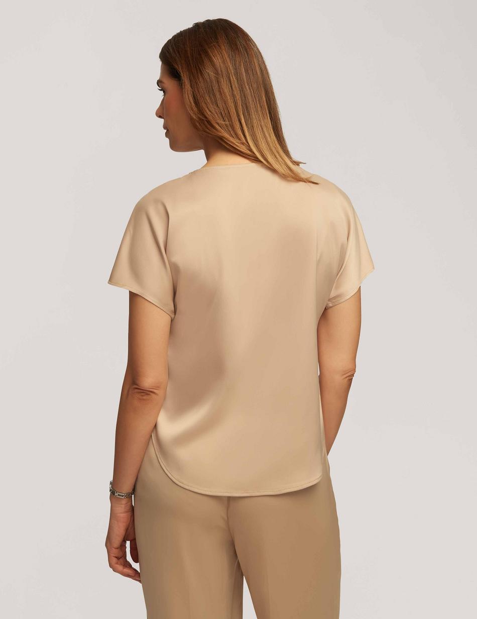 Beige Anne Klein Montreal Satin Short Sleeve Blouse With Bateau Neck Tops | LNZTR62314