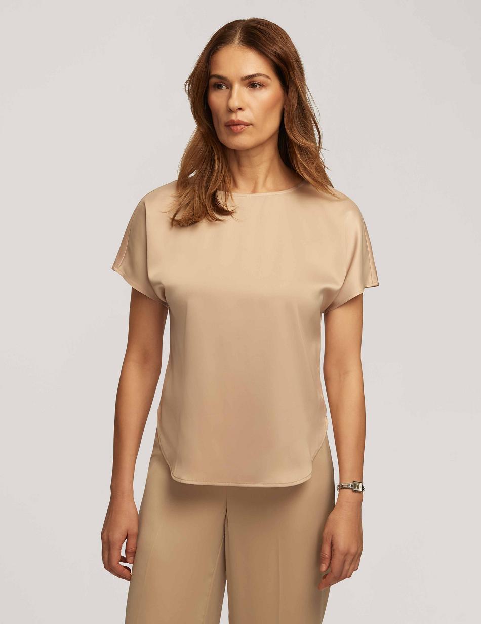 Beige Anne Klein Montreal Satin Short Sleeve Blouse With Bateau Neck Tops | LNZTR62314