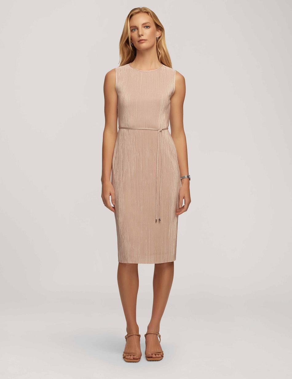 Beige Anne Klein Pleated With Tie Waist Dress | NZXMI74909