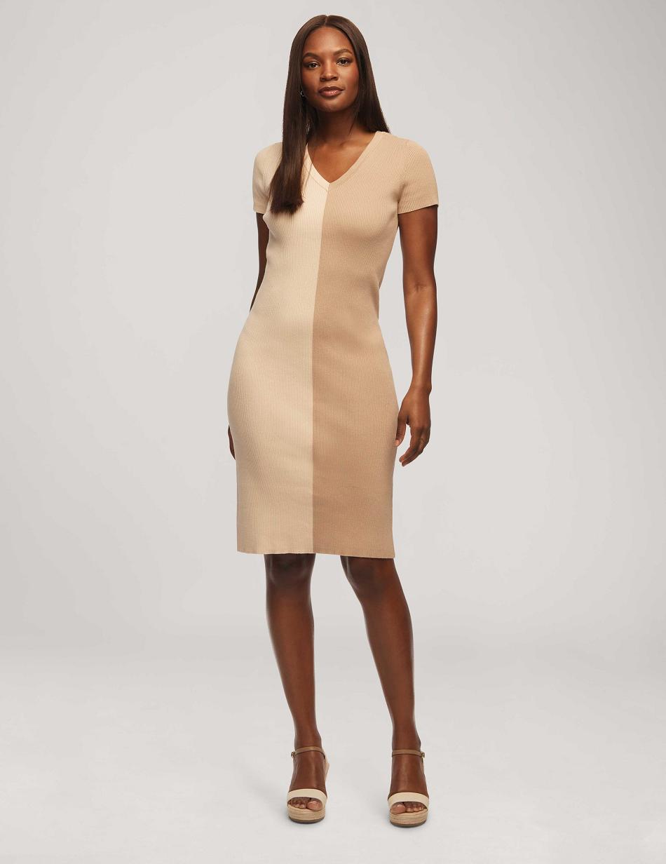 Beige / White Anne Klein Half/Half Rib Sweater Dress | DNZVO63878