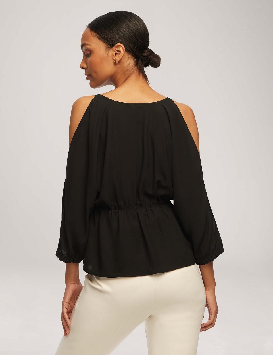 Black Anne Klein Cold Shoulder Crossover Peplum Blouse Tops | ZNZMJ98306