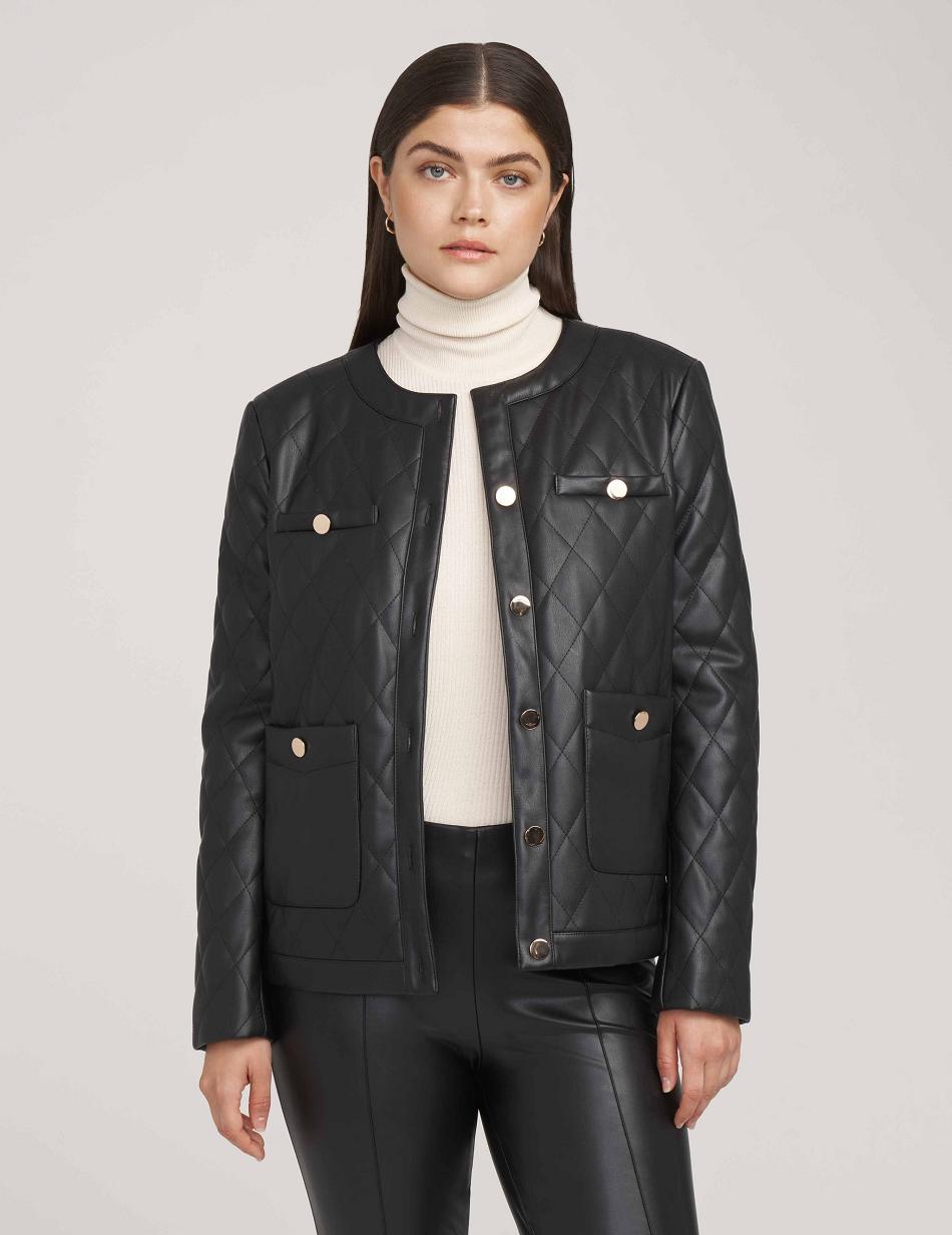 Black Anne Klein Collarless Vegan Leather Quilted Blazers | TNZWZ64818