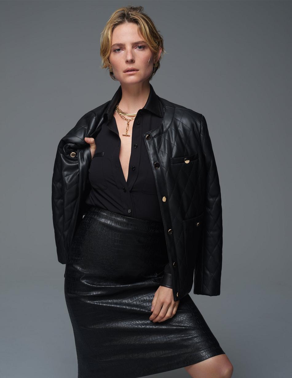 Black Anne Klein Collarless Vegan Leather Quilted Blazers | TNZWZ64818