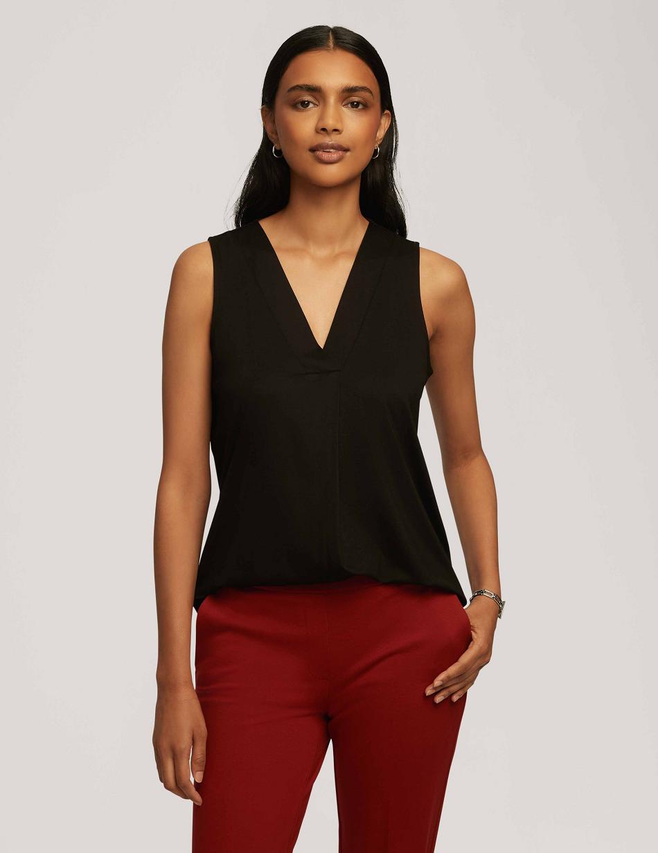 Black Anne Klein Harmony Knit Pleat Neck Shell Tops | BNZSO38596