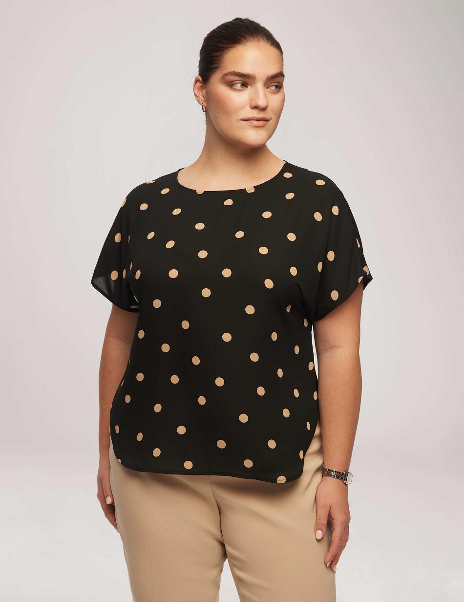 Black Anne Klein Large Dot Bateau Neck Short Sleeve Blouse Plus Size | TNZWZ27603