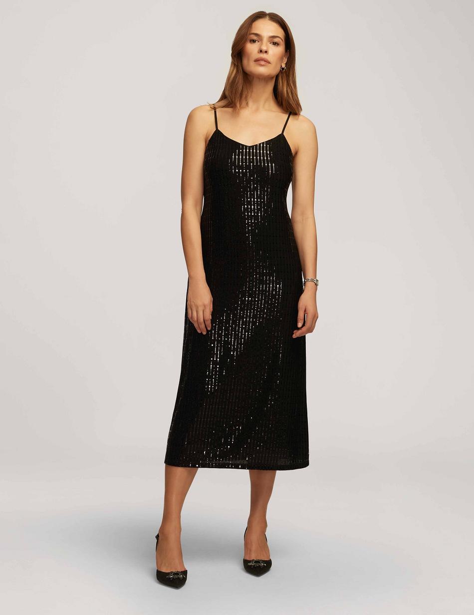 Black Anne Klein Linear Shine V-Neck Cami Midi Dress | NZCVG16609