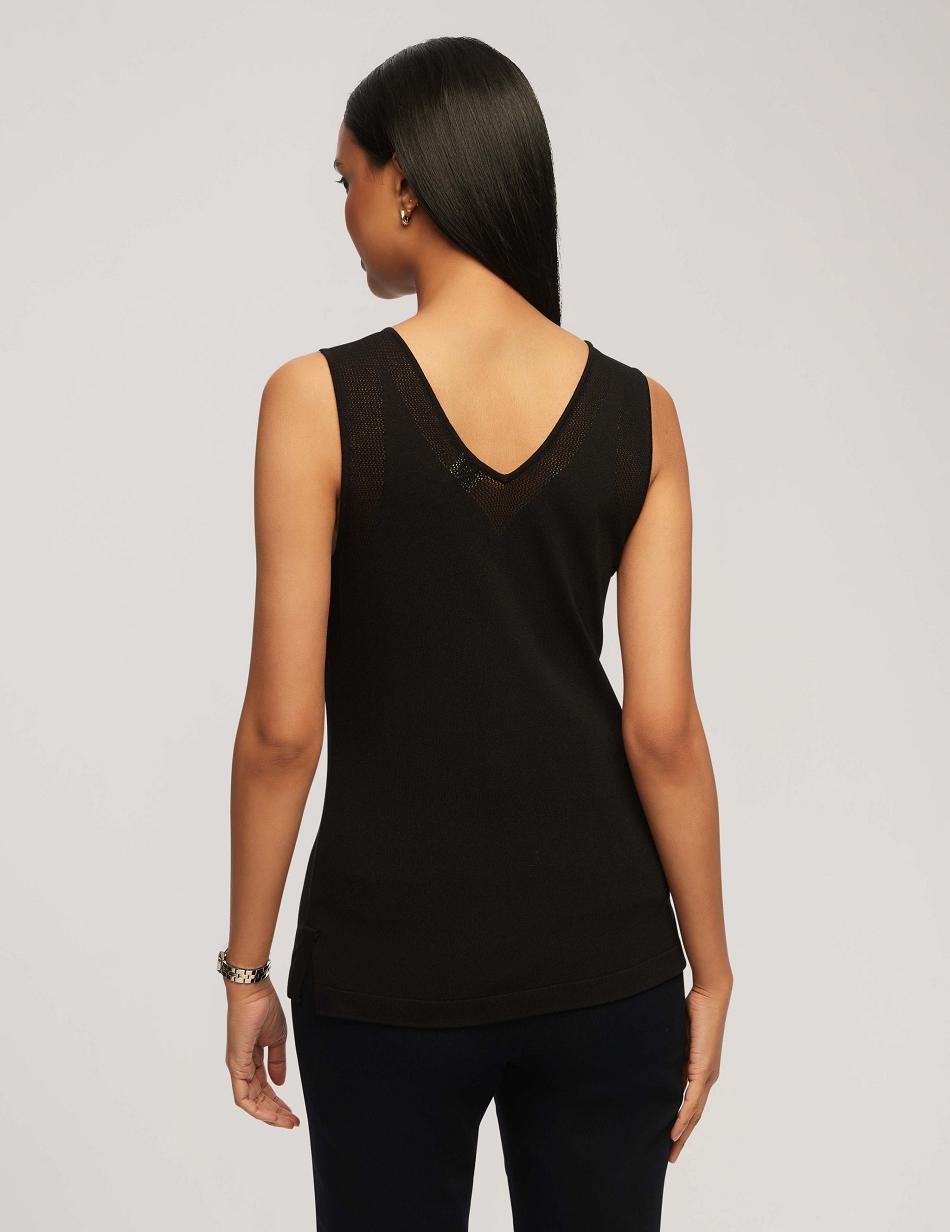 Black Anne Klein V Neck Mesh Tank Top Tops | GNZEC66693