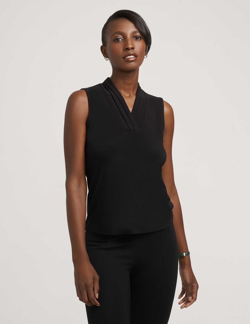 Black Anne Klein V-Neck Triple Pleat Top Tops | BNZSO78483